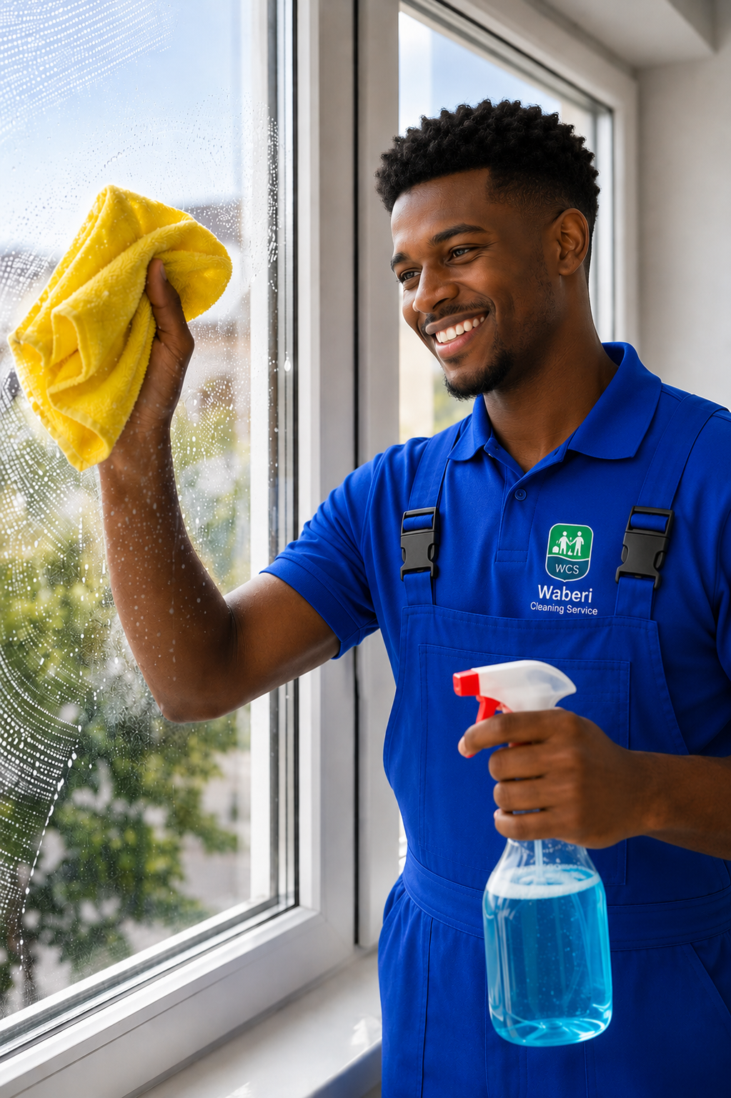 Waberi professional cleaning team member cleaning a window
